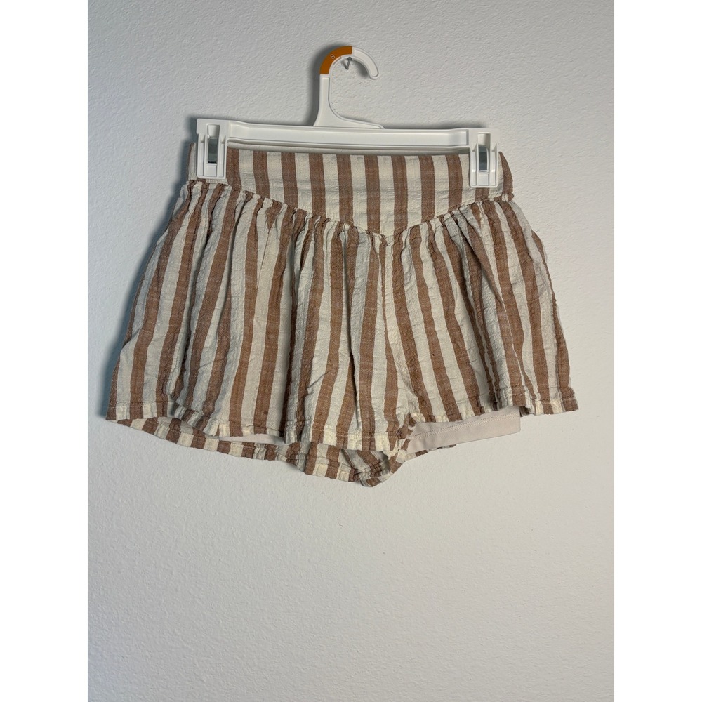 Old Navy Girls Tan White Striped Shorts L 10-12 Elastic Waist Lined Neutral